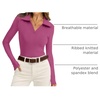image:imageWIHOLL Womens Polo Shirts Long Sleeve Business Casual Tops Collared V Neck Ribbed Knit Sweater Slim Fit BlousesHot Pink