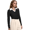 image:imageWIHOLL Womens Polo Shirts Long Sleeve Business Casual Tops Collared V Neck Ribbed Knit Sweater Slim Fit BlousesZblackwhite