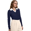 image:imageWIHOLL Womens Polo Shirts Long Sleeve Business Casual Tops Collared V Neck Ribbed Knit Sweater Slim Fit BlousesZnavy Bluewhite