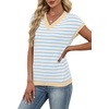 image:imageWIHOLL Womens Short Sleeve Sweater V Neck Cute Summer Fall Striped Pullover1white Blue Beige