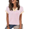 image:imageWIHOLL Womens Short Sleeve Sweater V Neck Cute Summer Fall Striped Pullover1white Pink Beige