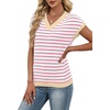 image:imageWIHOLL Womens Short Sleeve Sweater V Neck Cute Summer Fall Striped Pullover1white Pink Beige
