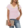 image:imageWIHOLL Womens Short Sleeve Sweater V Neck Cute Summer Fall Striped Pullover1white Pink Beige
