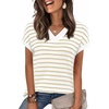 image:imageWIHOLL Womens Short Sleeve Sweater V Neck Cute Summer Fall Striped PulloverKhaki White