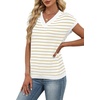 image:imageWIHOLL Womens Short Sleeve Sweater V Neck Cute Summer Fall Striped PulloverKhaki White