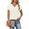 image:imageWIHOLL Womens Short Sleeve Sweater V Neck Cute Summer Fall Striped PulloverKhaki White