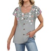 image:imageWIHOLL Womens Summer Tops Cap Short Sleeve Shirts Button Down Blouses U Neck T Shirts Fashion ClothingLeaf Print