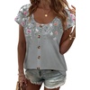 image:imageWIHOLL Womens Summer Tops Cap Short Sleeve Shirts Button Down Blouses U Neck T Shirts Fashion ClothingLeaf Print