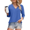 image:imageWIHOLL Womens Tops 34 Length Sleeve V Neck Casual Tunic Tops Basic Shirts Loose Fit BlouseB Blue