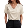 image:imageWIHOLL Work Blouses for Women Dressy Casual Summer Tops V Neck Short Sleeve ShirtsBeige