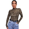 image:imageWomens Sexy Mesh Long Sleeve Shirts Fashion Clothing Turtle Necks Sheer Ruched Going Out Tops Fall Outfits Slim Fit BlousesBrown Leopard