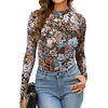 image:imageWomens Sexy Mesh Long Sleeve Shirts Fashion Clothing Turtle Necks Sheer Ruched Going Out Tops Fall Outfits Slim Fit BlousesFlower Print