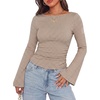 image:imageWIHOLL Bell Sleeve Tops for Women Boat Neck Ruched Ribbed Long Sleeve Fall Shirts for Women 2026Brown Plaid