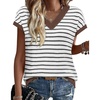 image:imageWIHOLL Womens Short Sleeve Sweater V Neck Cute Summer Fall Striped Pullover1white Black Coffee