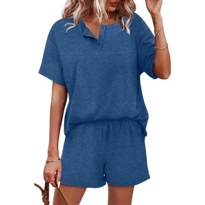 image:imageWIHOLL 2 Piece Sets for Women Lounge Sets Summer Outfits 2026 Button Down Short Sleeve Tops and Shorts Set with Pockets1blue