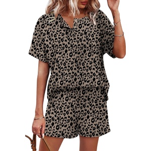 image:imageWIHOLL 2 Piece Sets for Women Lounge Sets Summer Outfits 2026 Button Down Short Sleeve Tops and Shorts Set with Pockets3leopard