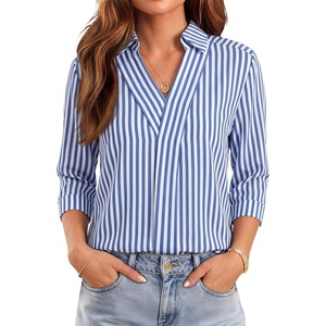 image:imageWIHOLL 34 Length Sleeve Womens Tops Dressy V Neck Collared Shirts Business Casual Work Blouses Fall Vacation Outfits 20261blue Stripes