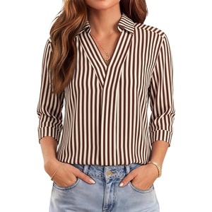 image:imageWIHOLL 34 Length Sleeve Womens Tops Dressy V Neck Collared Shirts Business Casual Work Blouses Fall Vacation Outfits 20262brown Stripes
