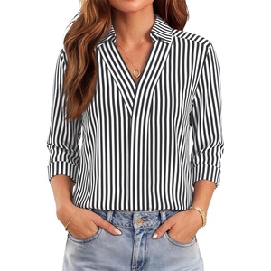 image:imageWIHOLL 34 Length Sleeve Womens Tops Dressy V Neck Collared Shirts Business Casual Work Blouses Fall Vacation Outfits 2026Black Stripes