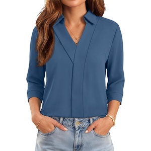 image:imageWIHOLL 34 Length Sleeve Womens Tops Dressy V Neck Collared Shirts Business Casual Work Blouses Fall Vacation Outfits 2026Blue