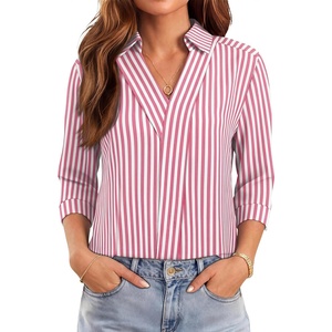 image:imageWIHOLL 34 Length Sleeve Womens Tops Dressy V Neck Collared Shirts Business Casual Work Blouses Fall Vacation Outfits 2026Bpink Stripes