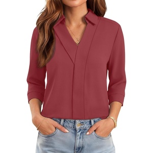 image:imageWIHOLL 34 Length Sleeve Womens Tops Dressy V Neck Collared Shirts Business Casual Work Blouses Fall Vacation Outfits 2026Mineral Red