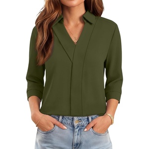image:imageWIHOLL 34 Length Sleeve Womens Tops Dressy V Neck Collared Shirts Business Casual Work Blouses Fall Vacation Outfits 2026Zarmy Green