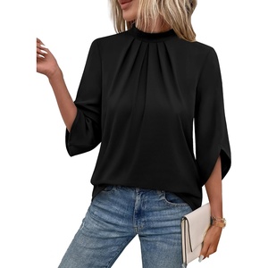 image:imageWIHOLL 34 Length Sleeve Womens Tops Mock Neck Pleated Front Blouses for Women Dressy Casual Spring Summer OutfitsBlack