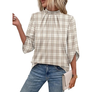 image:imageWIHOLL 34 Length Sleeve Womens Tops Mock Neck Pleated Front Blouses for Women Dressy Casual Spring Summer OutfitsBrown Stripes