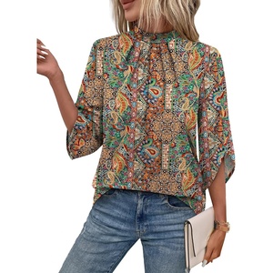 image:imageWIHOLL 34 Length Sleeve Womens Tops Mock Neck Pleated Front Blouses for Women Dressy Casual Spring Summer OutfitsEthnic