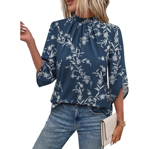 image:imageWIHOLL 34 Length Sleeve Womens Tops Mock Neck Pleated Front Blouses for Women Dressy Casual Spring Summer OutfitsNavy Floral