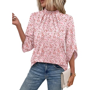 image:imageWIHOLL 34 Length Sleeve Womens Tops Mock Neck Pleated Front Blouses for Women Dressy Casual Spring Summer OutfitsPink Floral