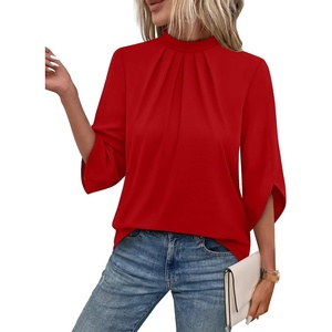 image:imageWIHOLL 34 Length Sleeve Womens Tops Mock Neck Pleated Front Blouses for Women Dressy Casual Spring Summer OutfitsRed