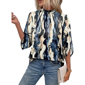image:imageWIHOLL 34 Length Sleeve Womens Tops Mock Neck Pleated Front Blouses for Women Dressy Casual Spring Summer OutfitsTie Dye