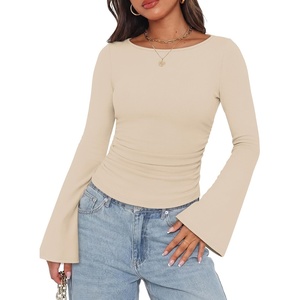 image:imageWIHOLL Bell Sleeve Tops for Women Boat Neck Ruched Ribbed Long Sleeve Fall Shirts for Women 2026Apricot