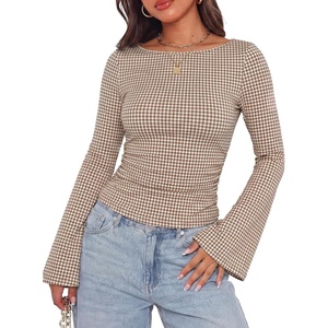 image:imageWIHOLL Bell Sleeve Tops for Women Boat Neck Ruched Ribbed Long Sleeve Fall Shirts for Women 2026Brown Plaid