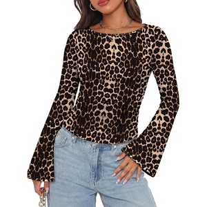 image:imageWIHOLL Bell Sleeve Tops for Women Boat Neck Ruched Ribbed Long Sleeve Fall Shirts for Women 2026Cheetah Leopard Pattern