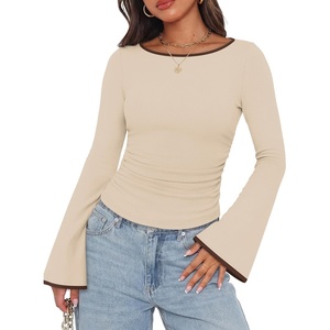 image:imageWIHOLL Bell Sleeve Tops for Women Boat Neck Ruched Ribbed Long Sleeve Fall Shirts for Women 2026Color Block Apricot