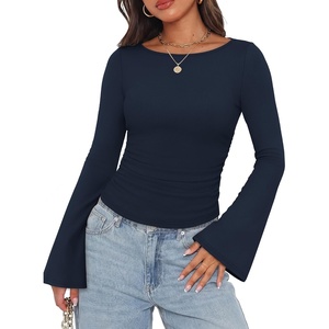 image:imageWIHOLL Bell Sleeve Tops for Women Boat Neck Ruched Ribbed Long Sleeve Fall Shirts for Women 2026Navy Blue