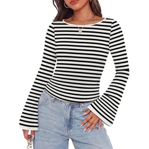 image:imageWIHOLL Bell Sleeve Tops for Women Boat Neck Ruched Ribbed Long Sleeve Fall Shirts for Women 2026Striped Black and White