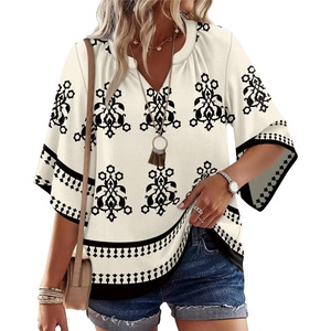 image:imageWIHOLL Boho Tops for Women Summer Spring 34 Sleeve Dressy Fashion V Neck Casual 2026 Business Beach Plus Size Resort BlousesFloral Apricot Black