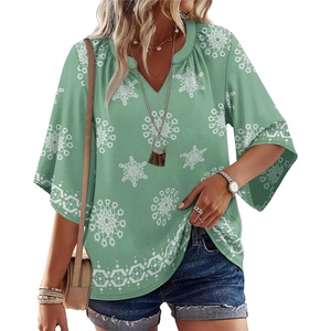 image:imageWIHOLL Boho Tops for Women Summer Spring 34 Sleeve Dressy Fashion V Neck Casual 2026 Business Beach Plus Size Resort BlousesLight Green