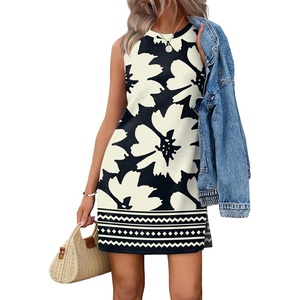 image:imageWIHOLL Casual Dresses for Women Crewneck Sleeveless Tank Dress Summer Spring Boho Vacation ClothesBlack White Flower