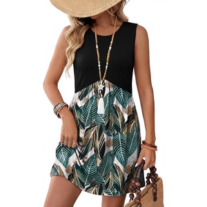 image:imageWIHOLL Dresses for Women 2026 Summer Casual Babydoll Crewneck Short Dress Spring Sleeveless Sundress with PocketsBlack Palm Leaf