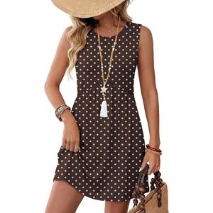 image:imageWIHOLL Dresses for Women 2026 Summer Casual Babydoll Crewneck Short Dress Spring Sleeveless Sundress with PocketsBrown Polka Dots