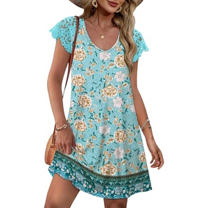 image:imageWIHOLL Dresses for Women Summer Casual Wedding Guest Dress Lace Short Sleeve Cute Sundresses Fashion Beach Vacation ClothesFloral Blue