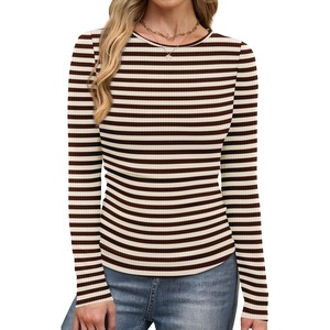 image:imageWIHOLL Long Sleeve Shirts for Women Fall Fashion Thermal Shirts Rib Knit Winter Clothing Warm Undershirts Basic TShirts0coffee Stripes