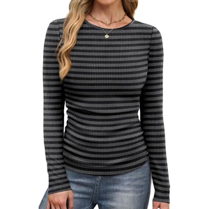 image:imageWIHOLL Long Sleeve Shirts for Women Fall Fashion Thermal Shirts Rib Knit Winter Clothing Warm Undershirts Basic TShirts0grey Black Stripes
