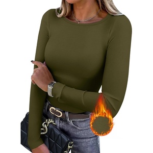 image:imageWIHOLL Long Sleeve Thermal Shirt for Women Light Fleece Tops Fall 2026 Crew Neck Casual Basic TShirtsEarmy Green