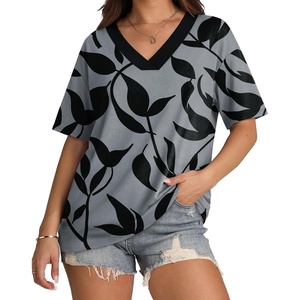 image:imageWIHOLL Oversized Tshirts for Women 2026 Summer Tops Short Sleeve V Neck Shirts Basic TeeLeaves